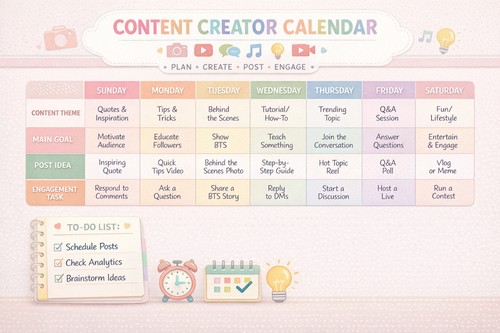 Content creator calendar with daily planning sections and icons on a light pink background.